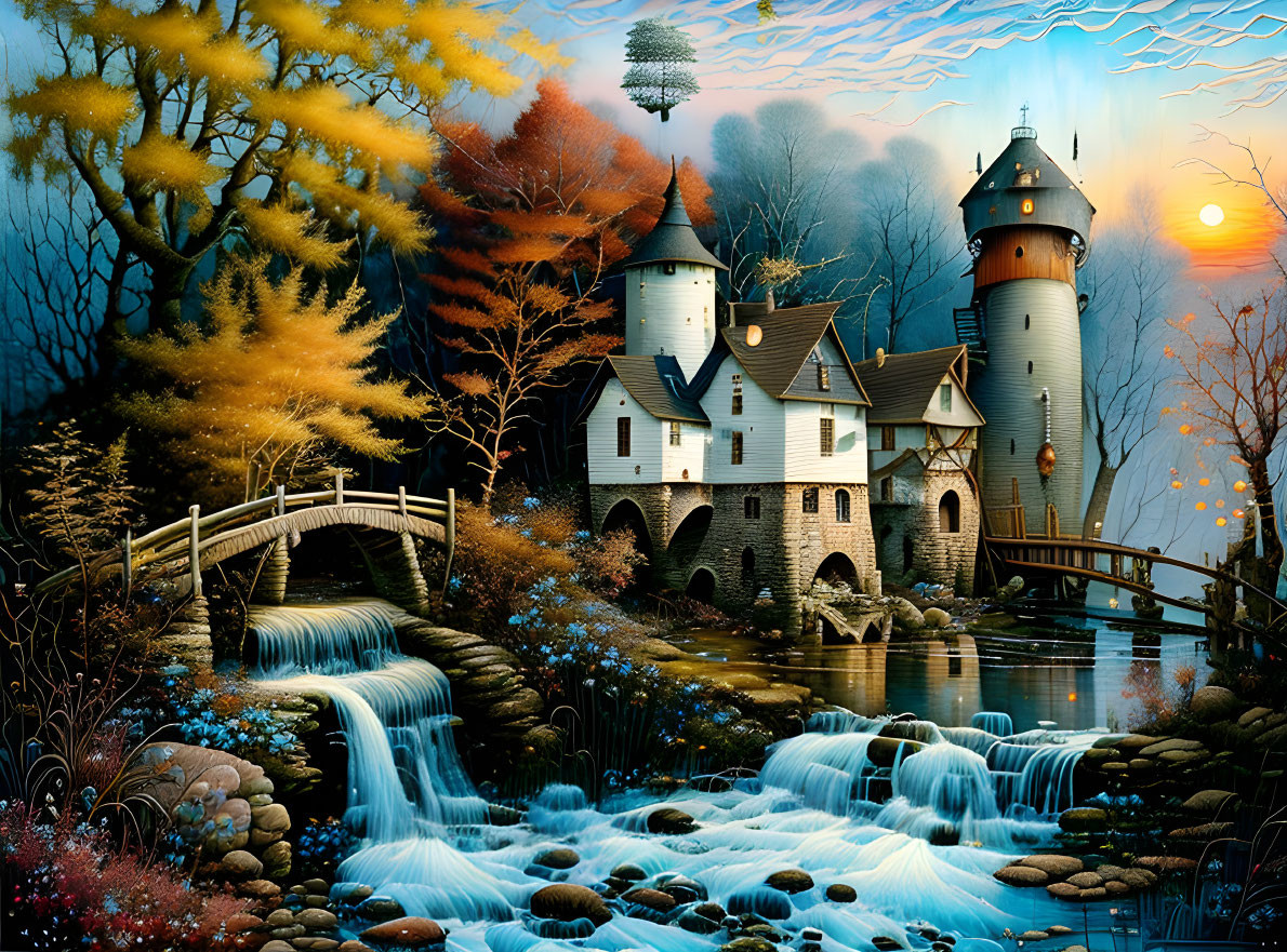 Castle and Waterfall in Autumn Landscape with Sunset