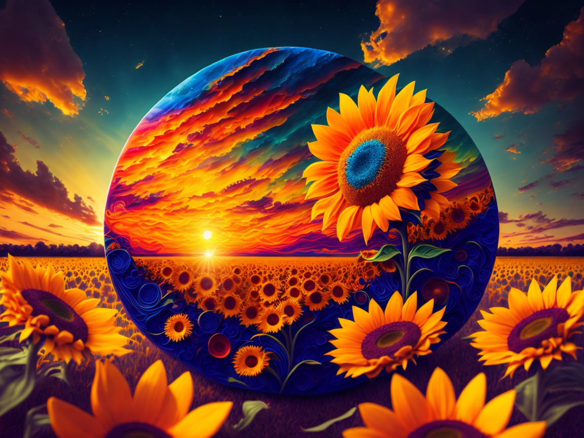 Vibrant sunset sky with large sunflower motif in surreal landscape