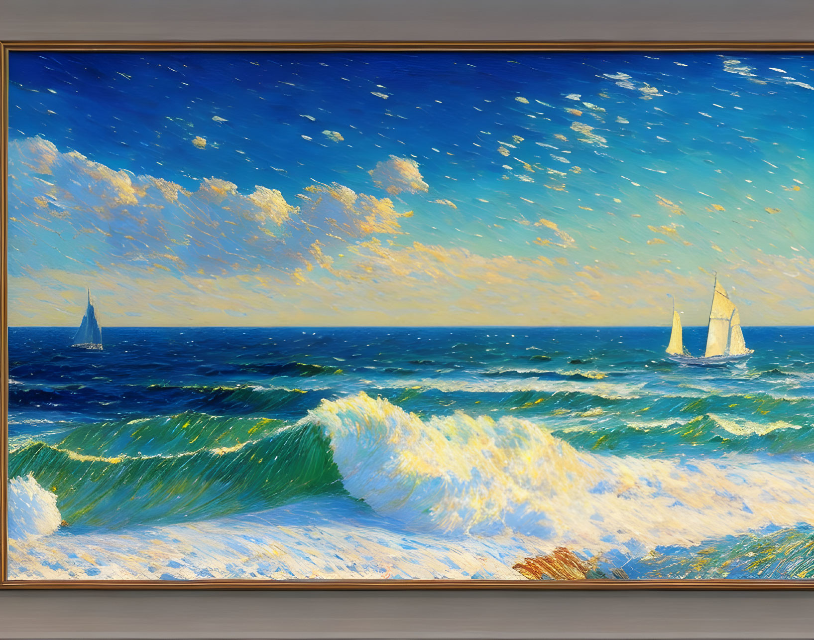 Vibrant seascape oil painting with green waves and sailboats