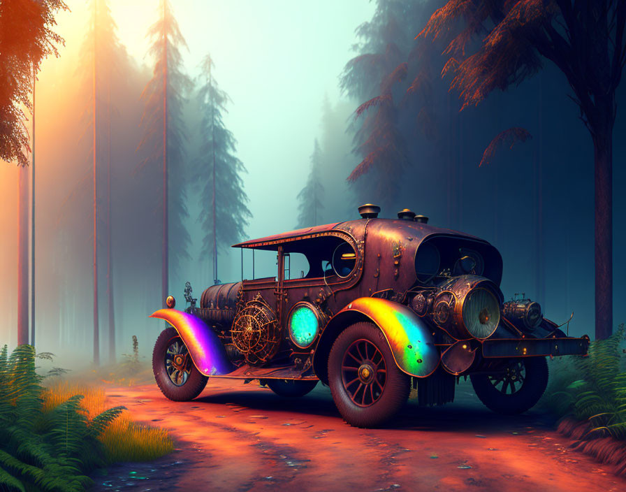 Vintage car with futuristic modifications in misty forest sunlight.