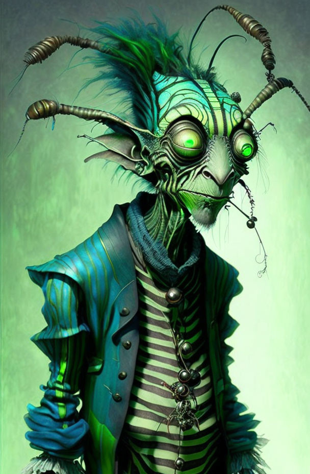 Fantastical creature with green skin, large eyes, horns, and striped clothing