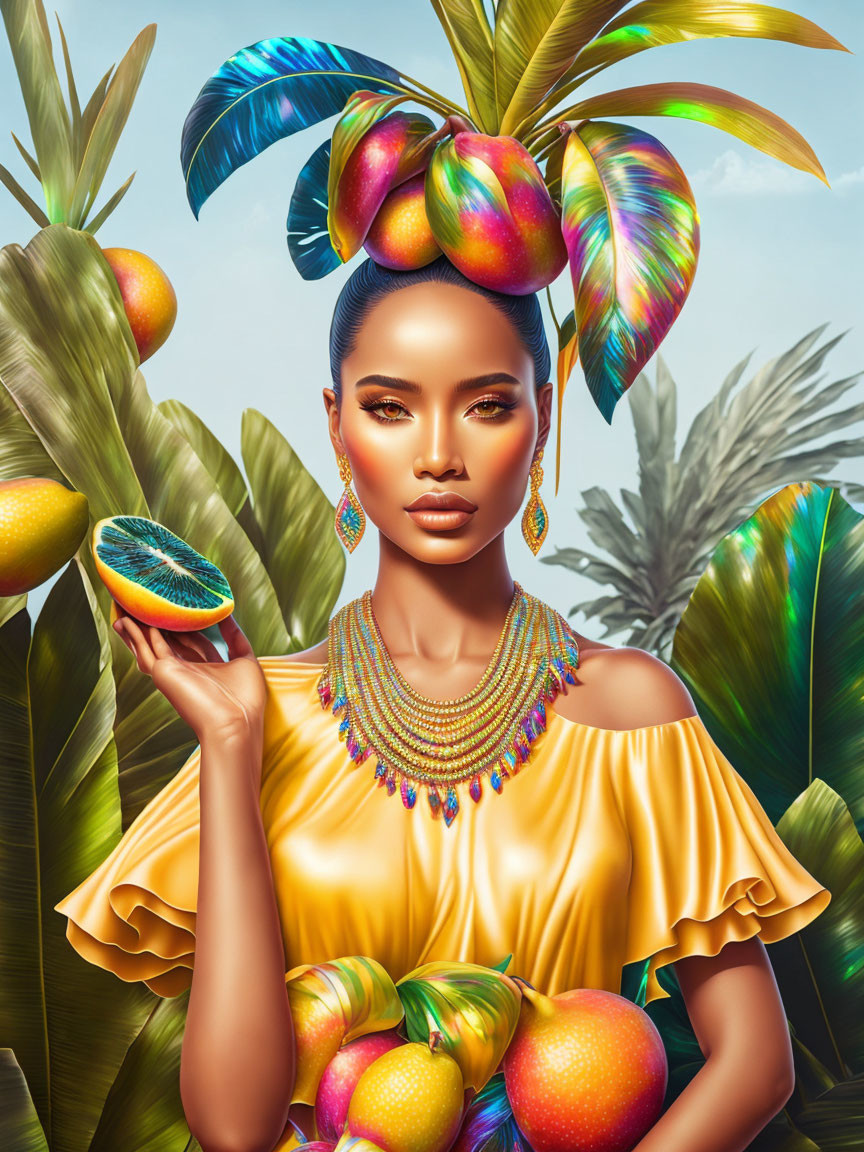 Woman with tropical fruit headpiece and papaya, palm tree backdrop, yellow top.