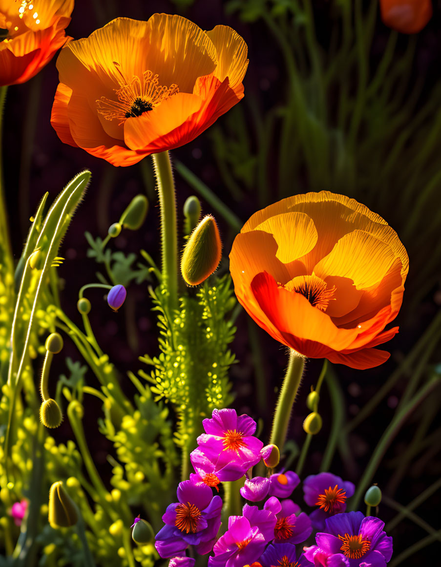 Colorful Poppy and Purple Flower Blooms on Dark Background