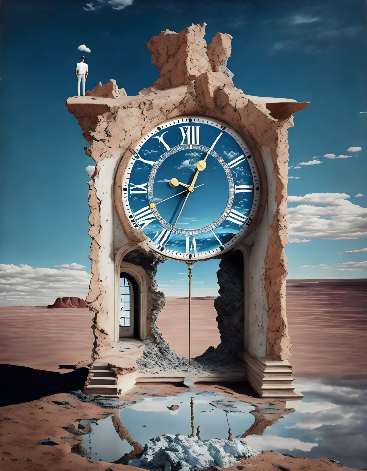 Ornate clock in desert with person reflecting in water