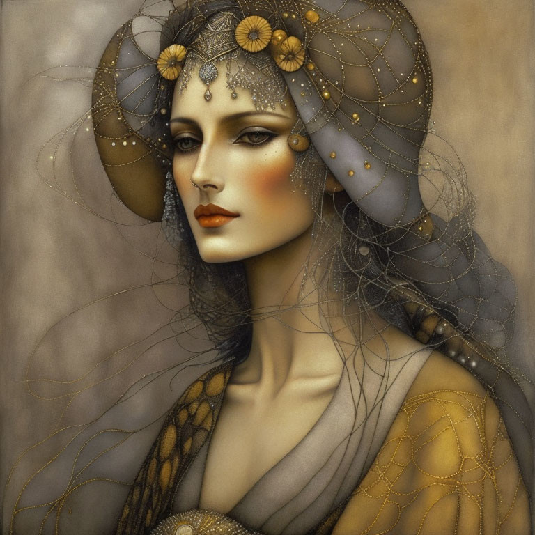 Ethereal woman adorned in ornate headdress and golden chains