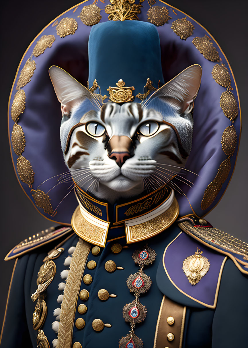 Digital Artwork: Cat in Regal Navy Blue Military Uniform