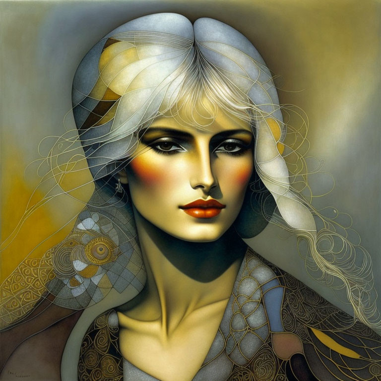 Portrait of a woman with pale skin, red lips, and blonde hair with geometric designs.