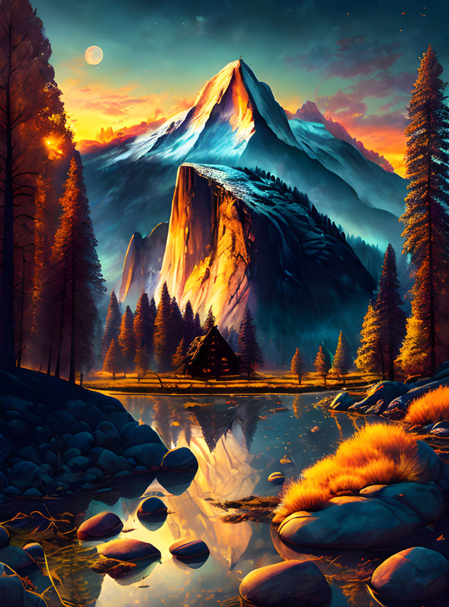 Scenic mountain landscape at sunset with river, pine forest, and moon.