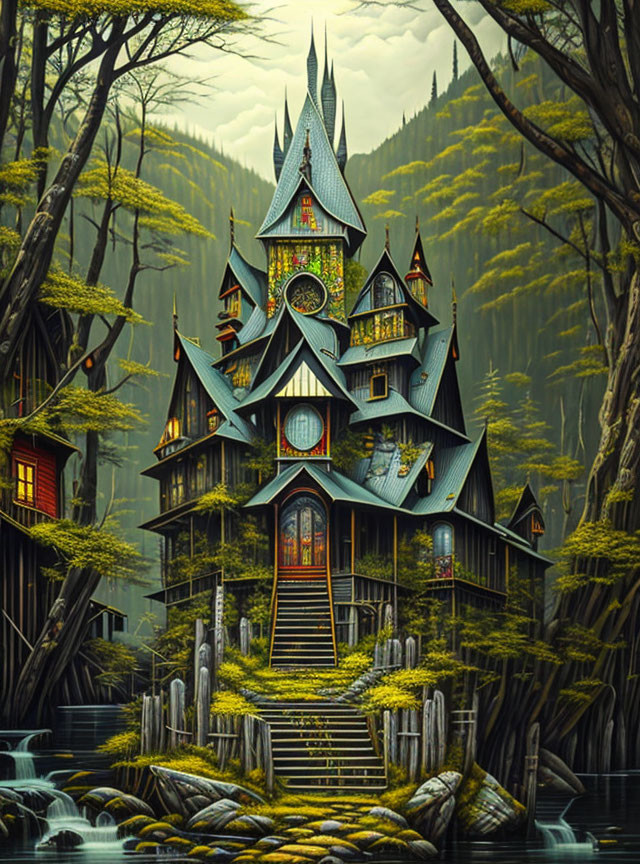 Fantasy house with spires in mystical forest and stream