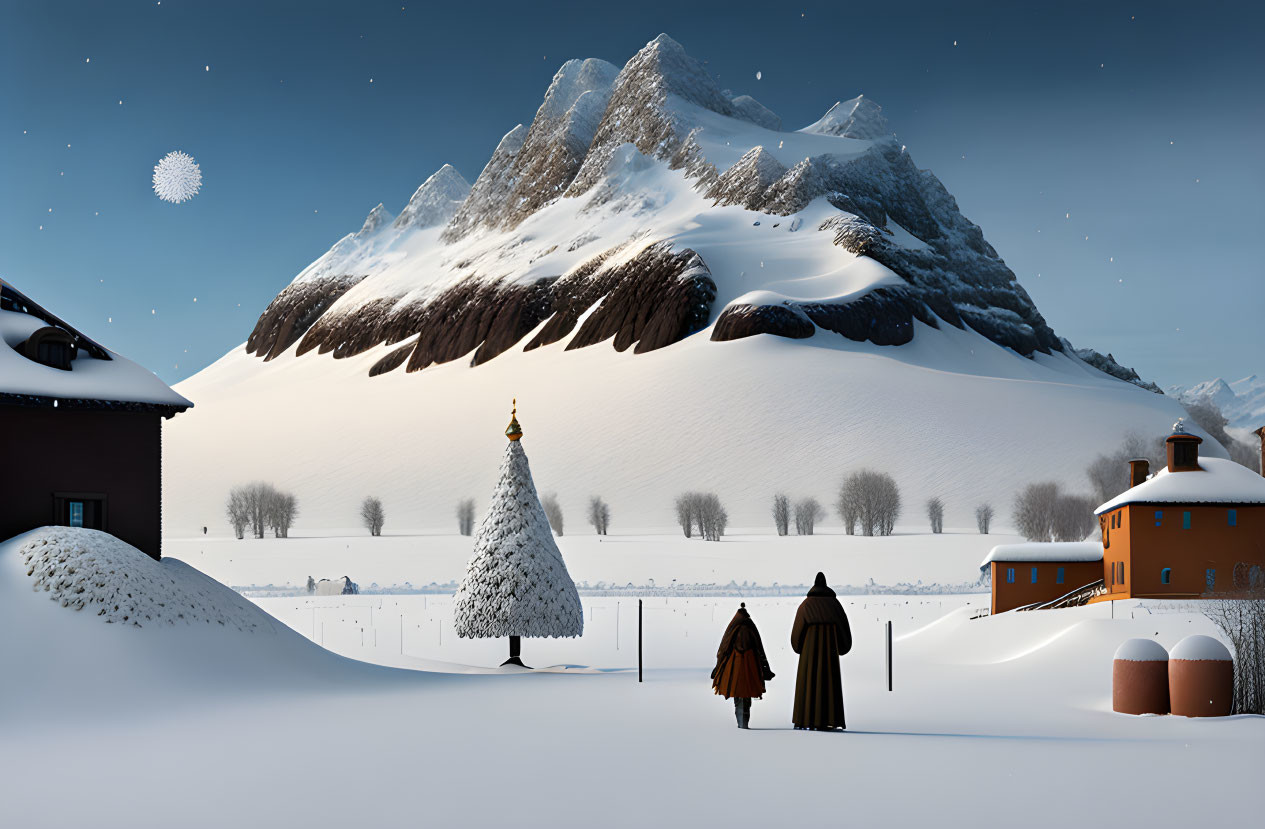 Winter scene with mountains, houses, cloaked figures, and Christmas tree