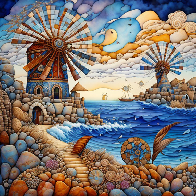 Colorful seaside painting with windmills, cobblestone shores, waves, and crescent moon