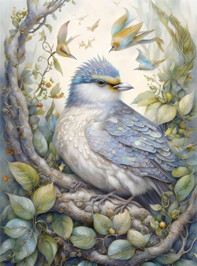 Illustration of majestic blue bird perched on branch with smaller birds and greenery