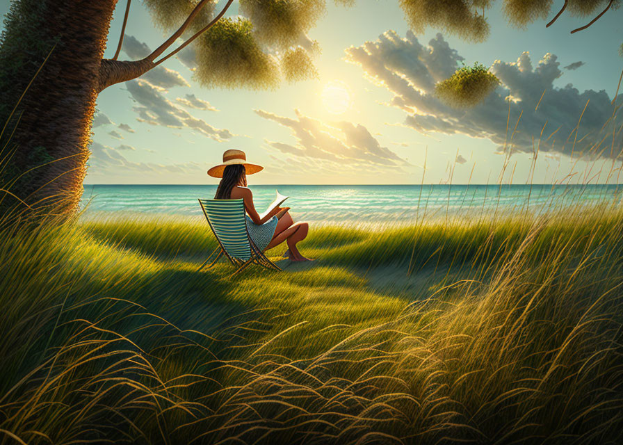 Serene Beach Scene with Woman Reading at Sunset