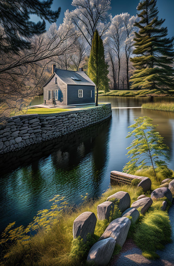 Blue house on stone embankment by serene lake with lush greenery - peaceful scenery