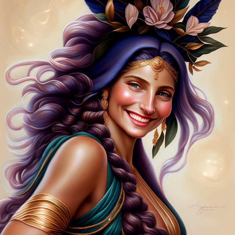 Smiling woman with blue and purple hair and golden headpiece in illustration