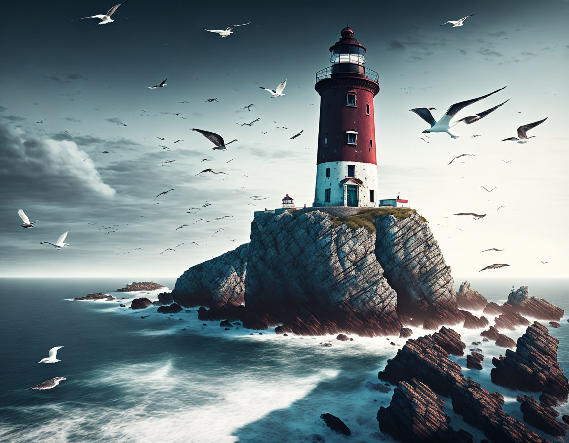 Red and white lighthouse on craggy cliff with seagulls and crashing waves