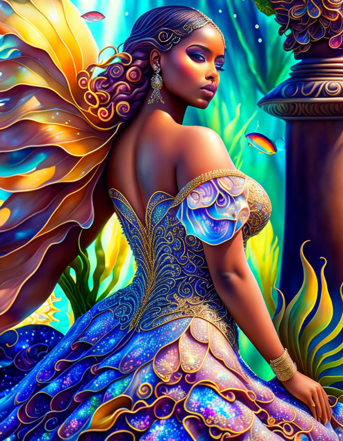 Colorful Woman with Butterfly Wings Beside Column