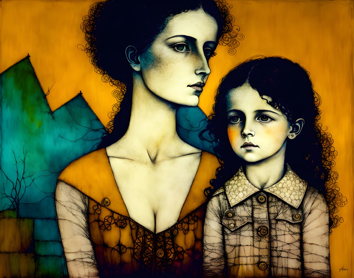 Stylized painting of two females with solemn faces on warm amber background