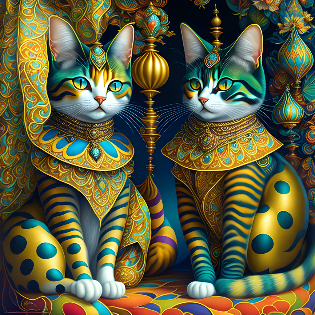 Ornate stylized cats in Ancient Egyptian-inspired art.