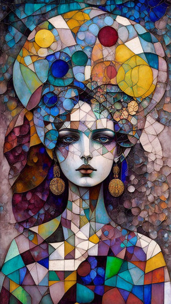 Colorful Mosaic-Style Artwork of Woman with Geometric Patterns