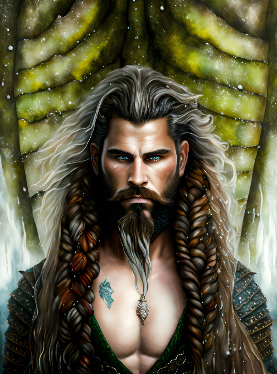 Illustration of stern man with braided beard, tattoos, fur cloak, pendant in snowy setting