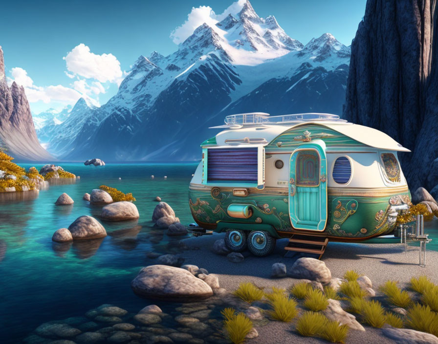 Stylized caravan by serene lake, mountains, rocks, clear sky