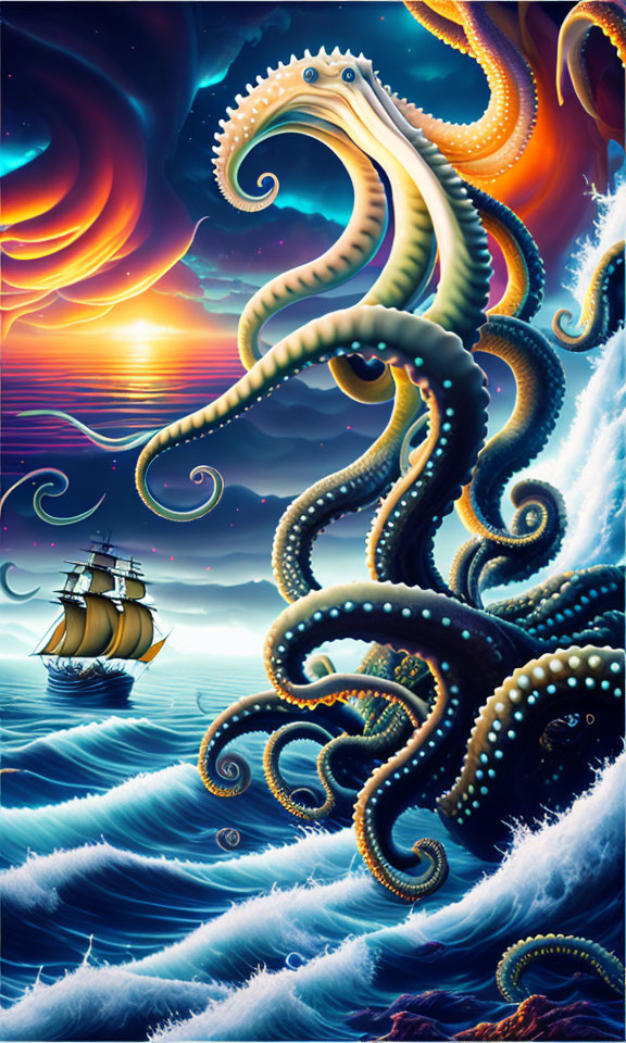 Colorful octopus art with ship in twilight ocean