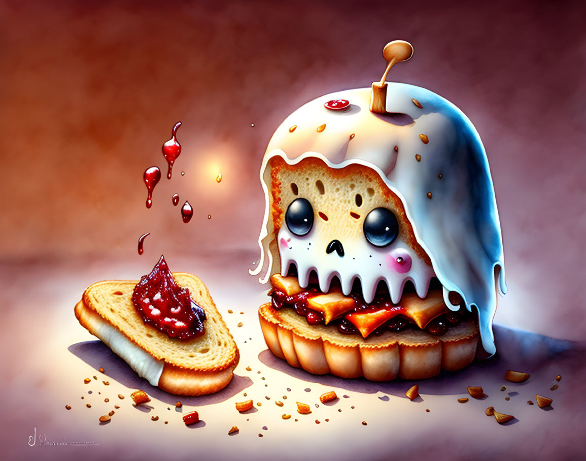 Skull-faced toast with jam and butter next to splattered bread