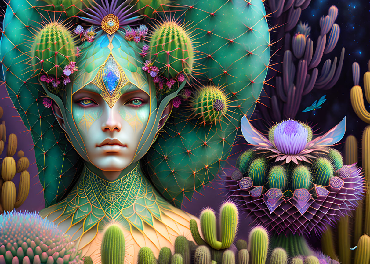Surreal Figure with Cactus Features and Vibrant Flora