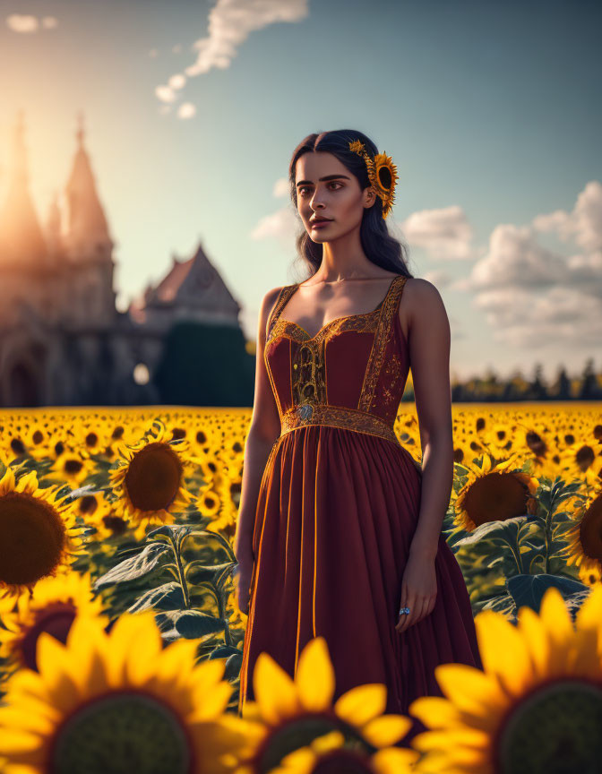 Woman in Red Dress in Sunflower Field with Historic Building and Dramatic Sky