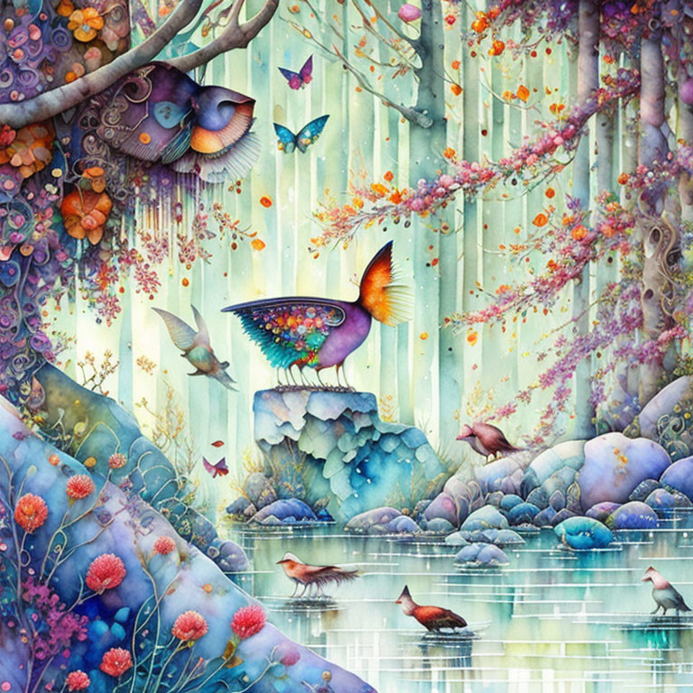 Vibrant Nature Scene with Birds, Butterflies, and Flowers