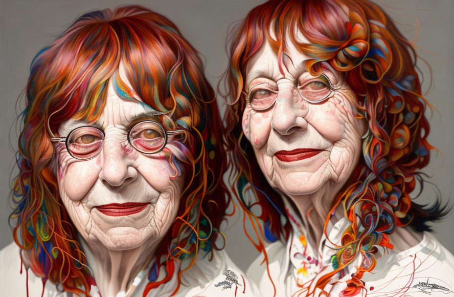 Elderly women with colorful hair and glasses in realistic illustration.