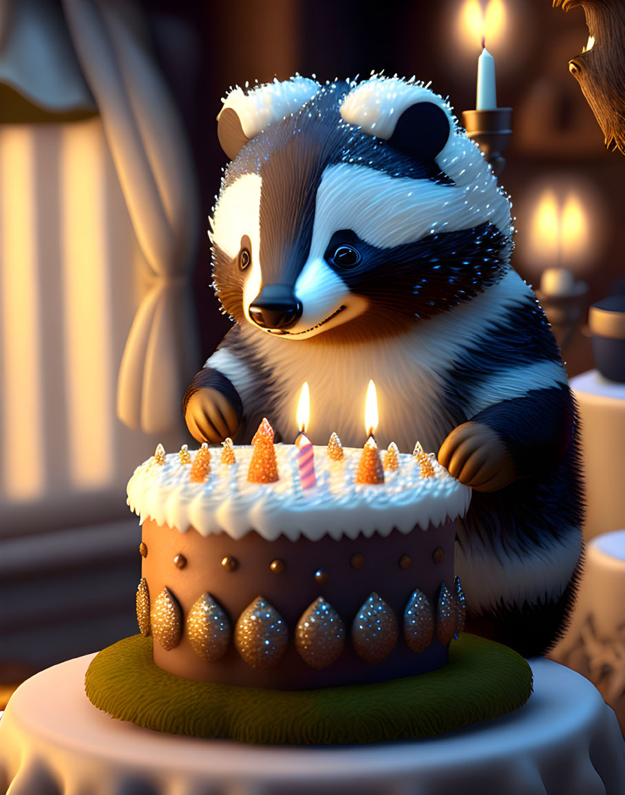 Birthday Celebration: Joyful Badger with Cake and Candlelit Ambiance