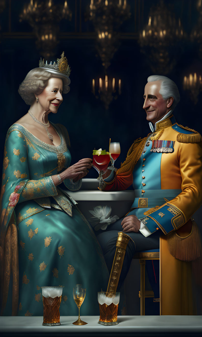 Smiling queen and gentleman in formal attire with drinks at regal table