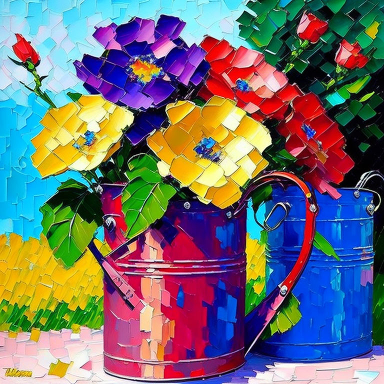 Colorful Buckets Filled with Vibrant Flowers