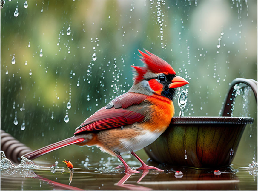 Red Northern Cardinal perched near metal bowl in rain splashes