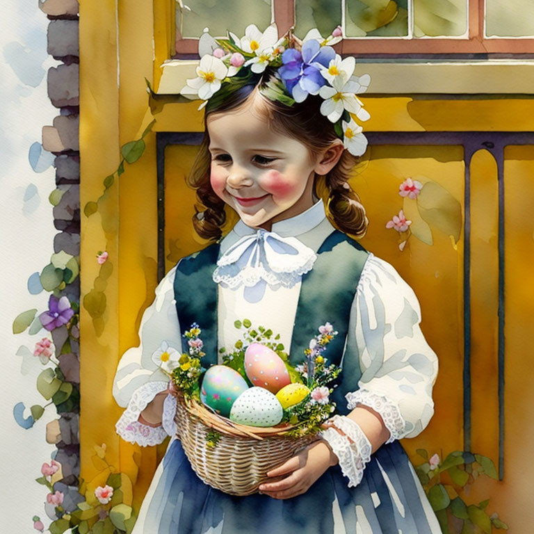 Young girl with floral crown holding Easter eggs by sunny window