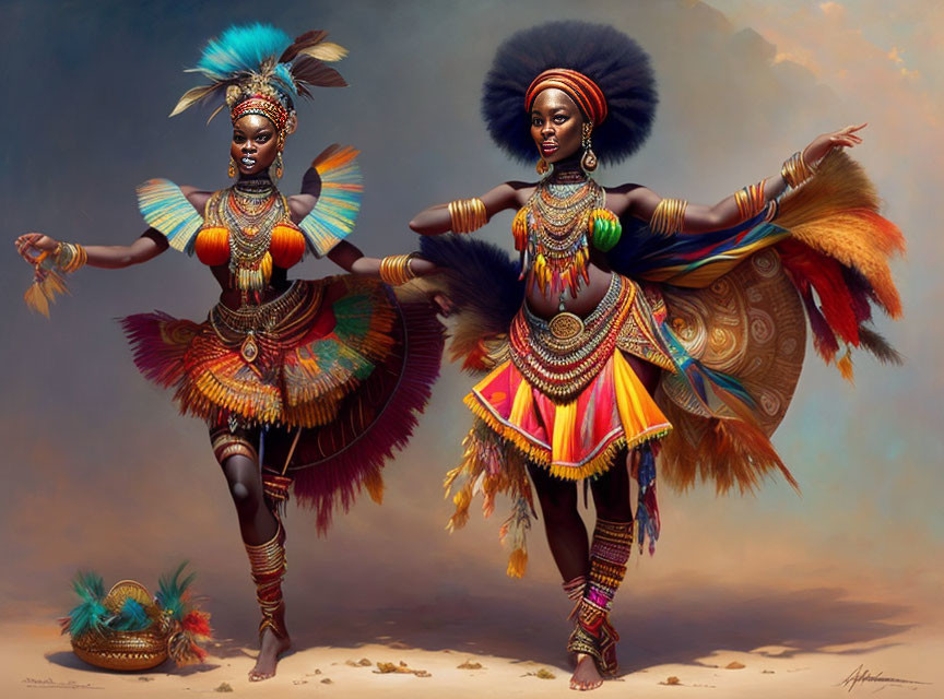 Two women in traditional African attire with ornate jewelry and feathered headdresses.