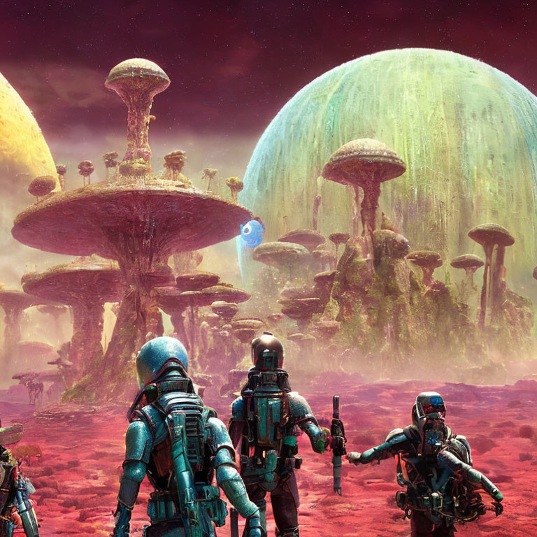 Astronauts on alien planet with giant mushroom-like structures