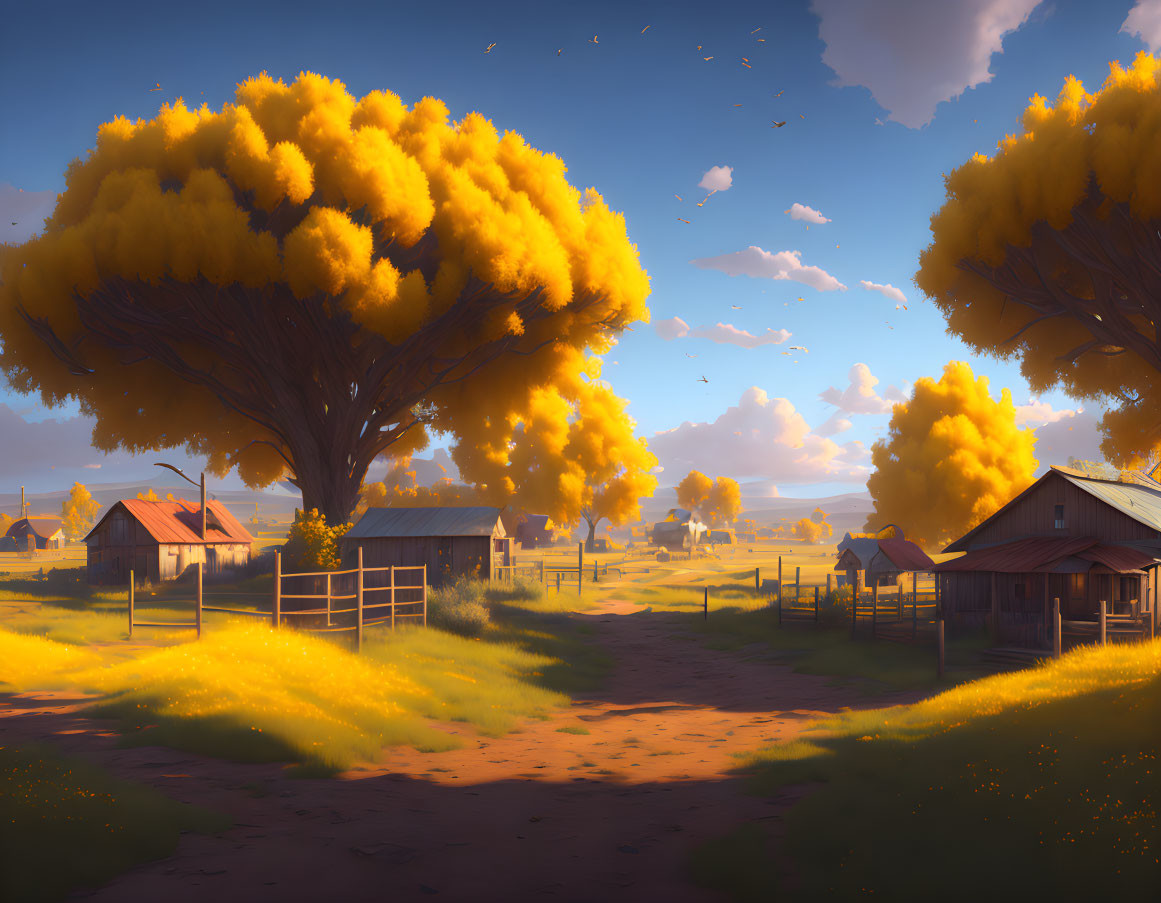 Tranquil Countryside Scene with Golden Trees and Cabins