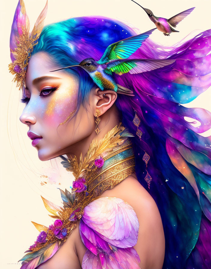 Vibrant fantasy illustration of woman with blue hair and feathers