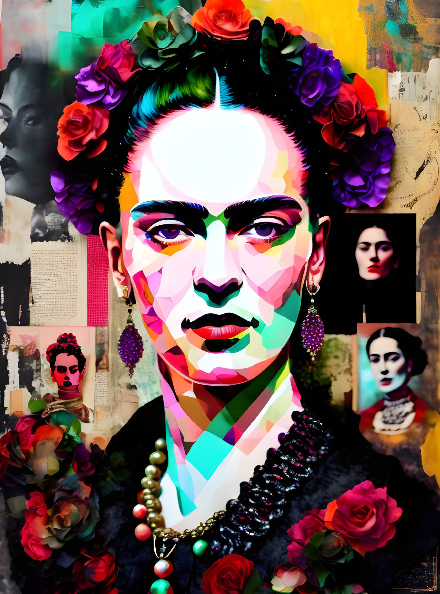 Colorful Portrait of Woman with Floral Hair Accents & Multiple Background Images