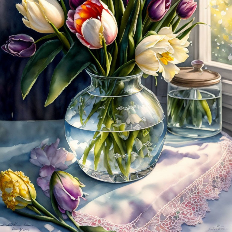 Colorful tulips and daffodils in glass vase on lace table with soft light.