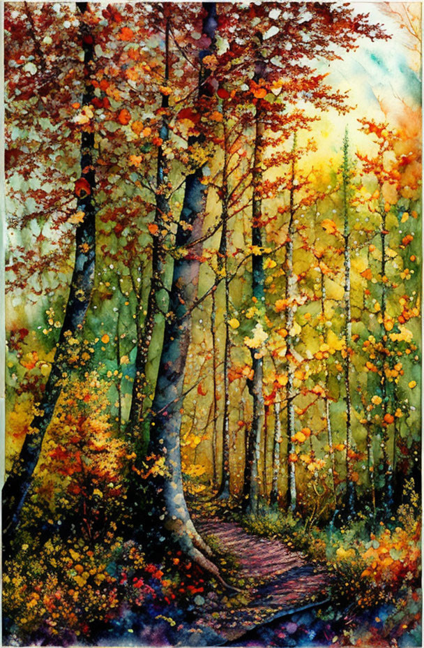 Colorful autumn forest path in vibrant watercolor