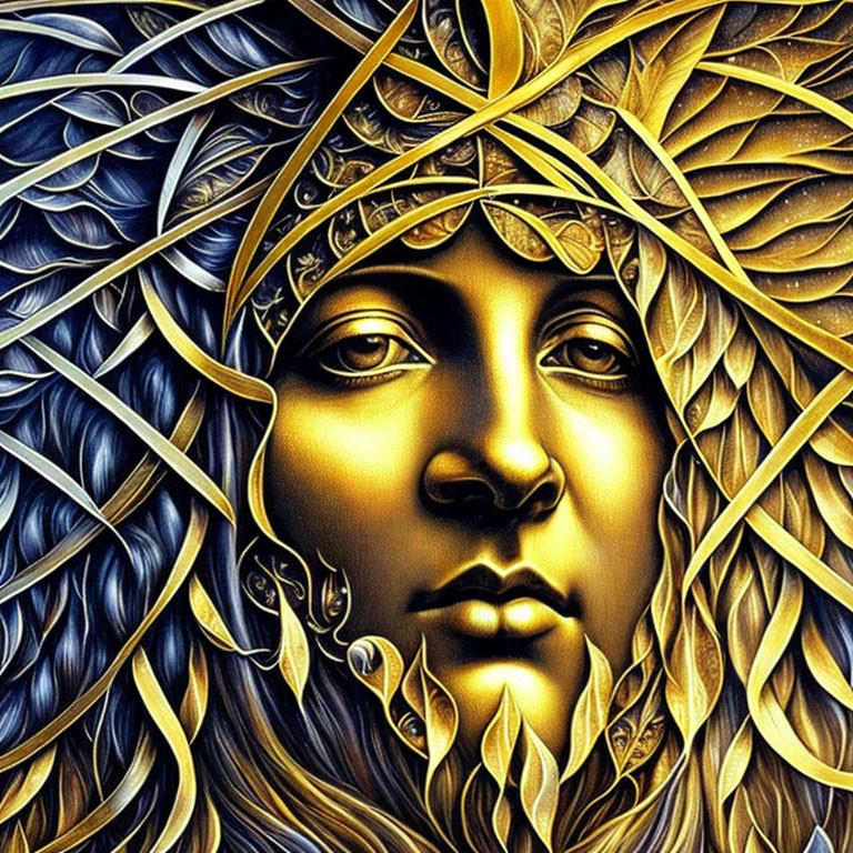 Symmetrical golden face with leaf hair on blue background