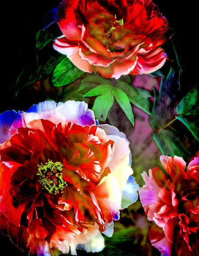 Vibrant Peonies in Red and Pink with Yellow Centers