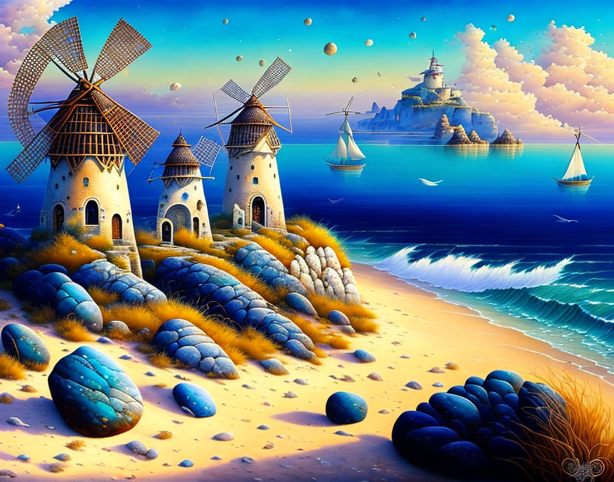 Beachscape with stone windmills, lighthouse, ships, and surreal sky