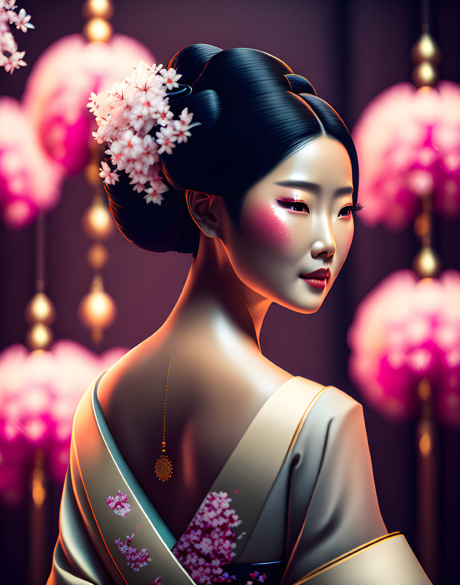 Illustrated woman in kimono with updo and flowers among pink blossoms & lanterns