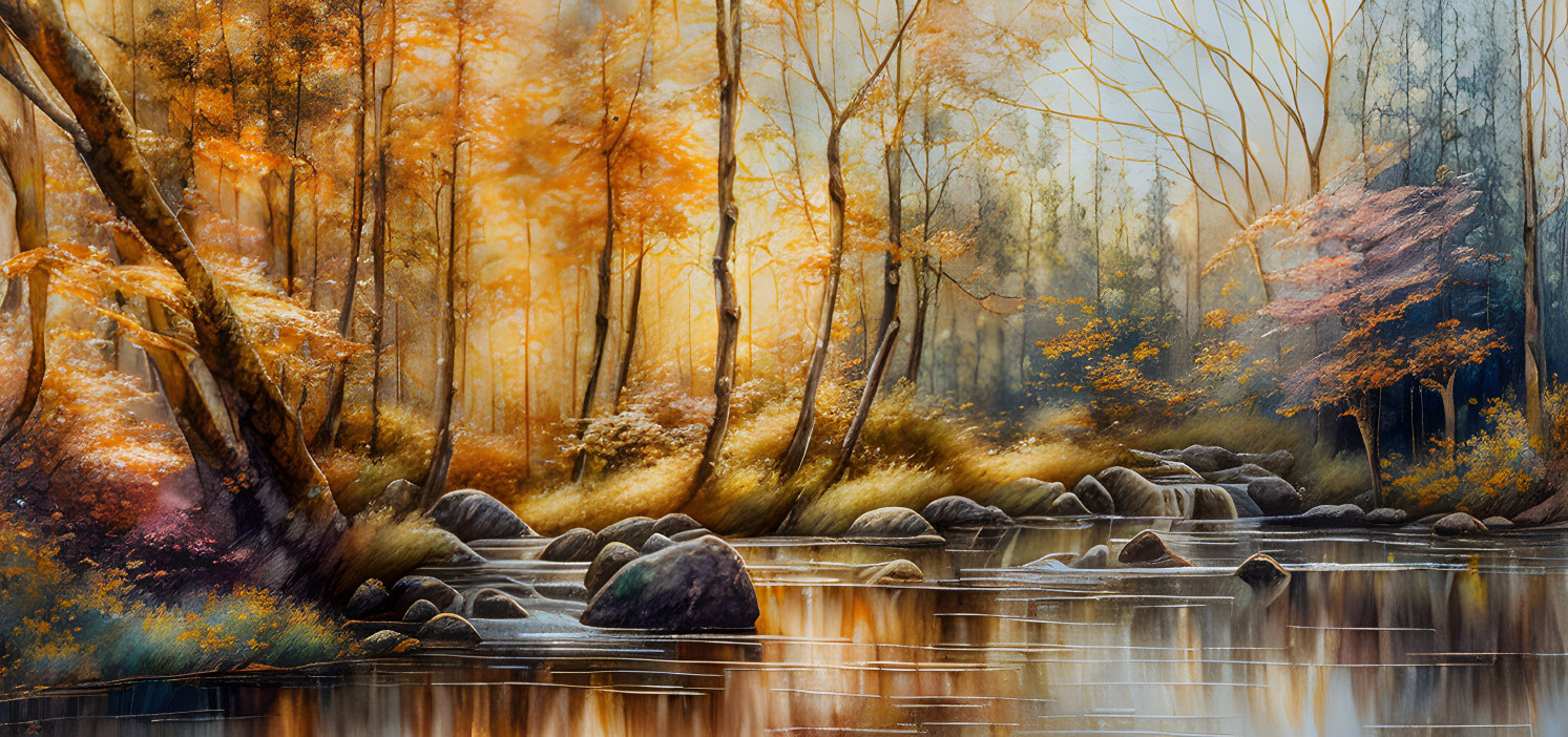 Tranquil autumn forest with golden foliage, serene river, smooth boulders