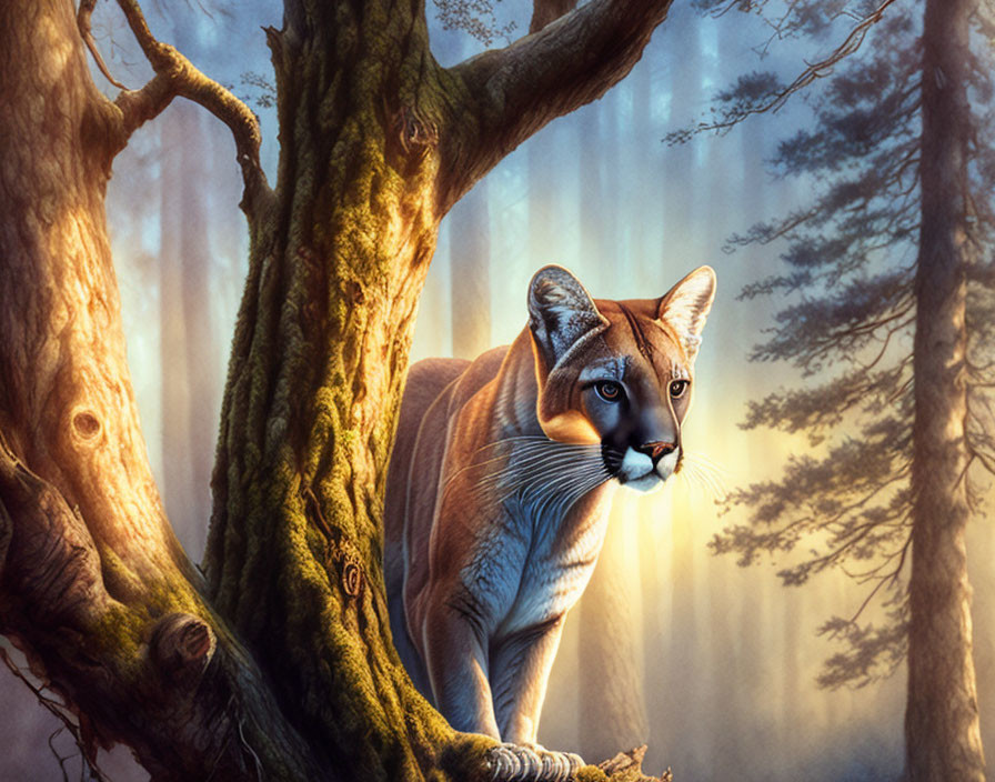 Majestic mountain lion in misty forest with sunrays.